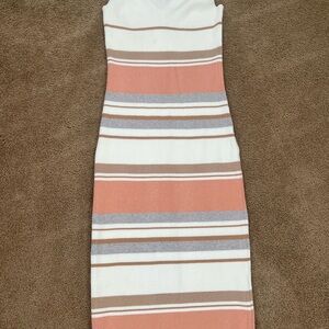 Multi-Stripe Ribbed Maxi Dress in Coral and Taupe